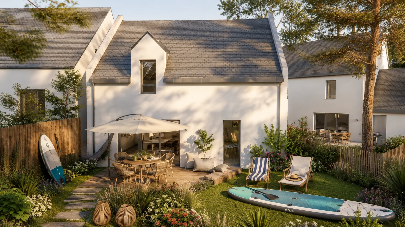 Jardin et terrasse d'une maison neuve à Carnac, programme Le Hameau de Saint-Cornély