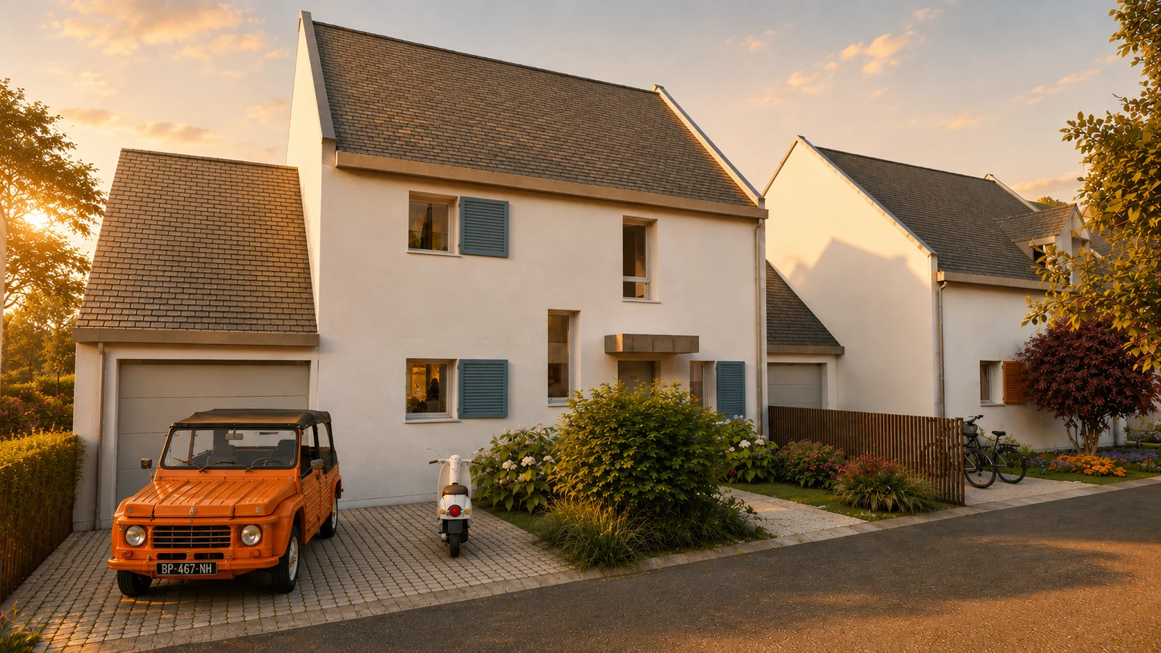 Entrée d'une maison neuve à Carnac au coucher du soleil, Hameau de Saint-Cornély